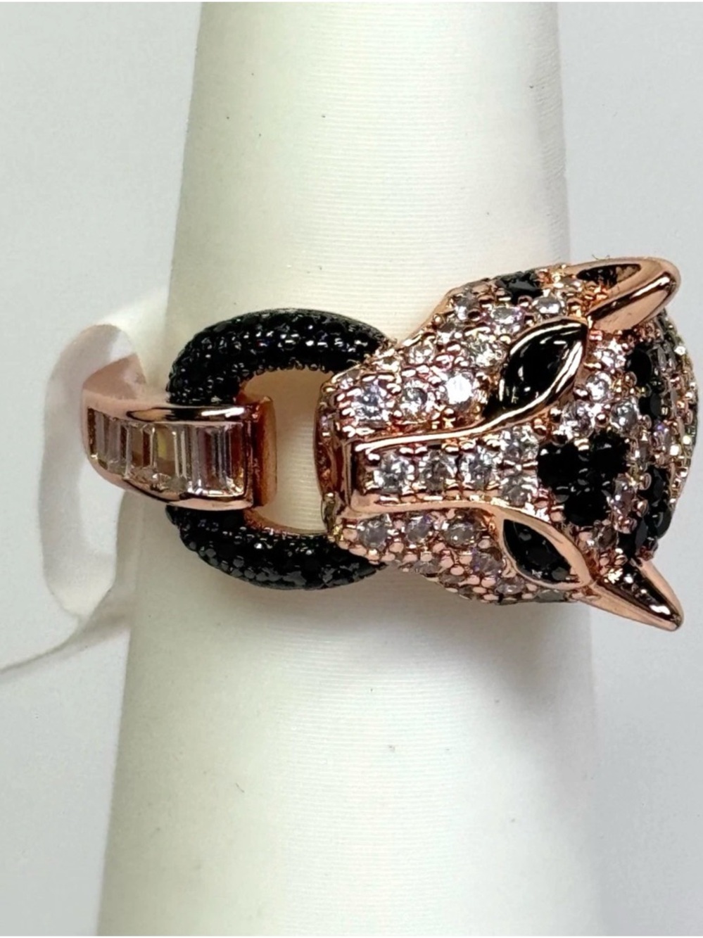 Rose Gold Panther Head Ring with Black and Clear Accents